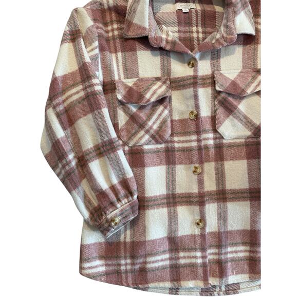 Mud Pie Women’s Medium Highland Plaid Shacket Jacket Button Up Shirt Pink Cream - Picture 10 of 10